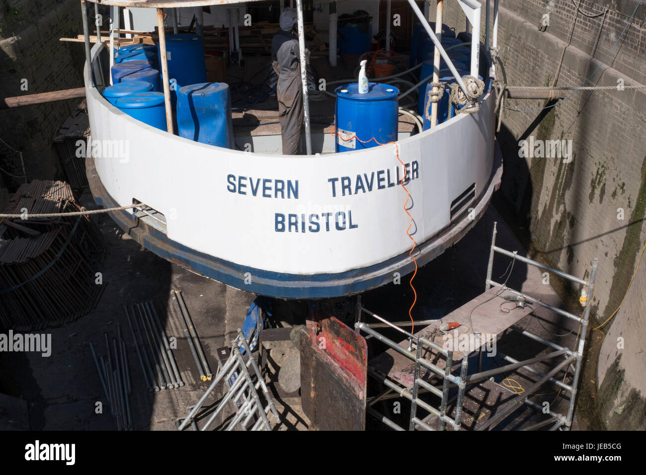 Tourist trip boat Severn Traveller in drydock at Gloucester for maintenance and repairs Stock Photo