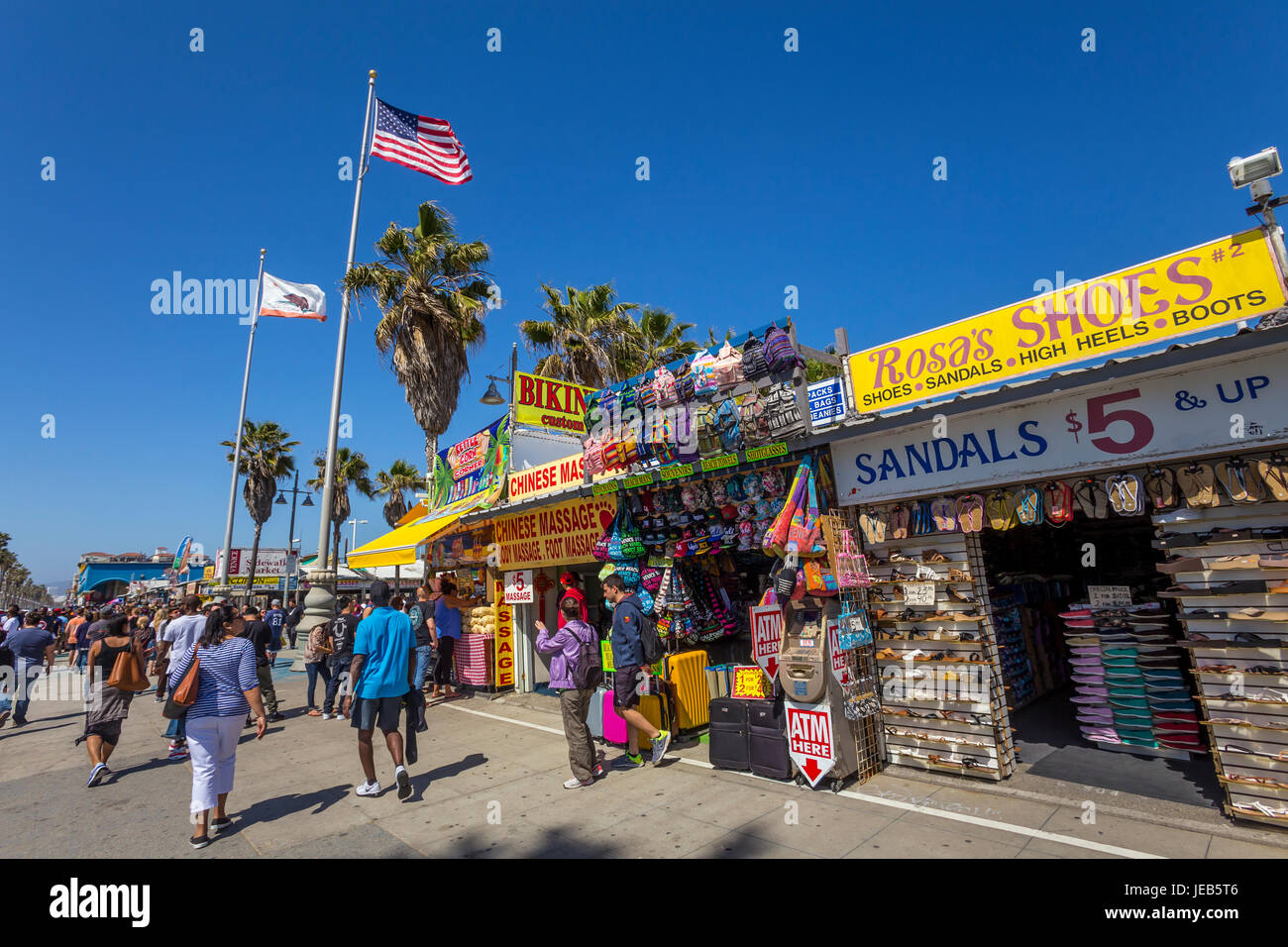 people, tourists, visitors, stores, shops, shopper, shoppers, shopping, Ocean Front Walk, Venice Beach, Venice, Los Angeles, California Stock Photo