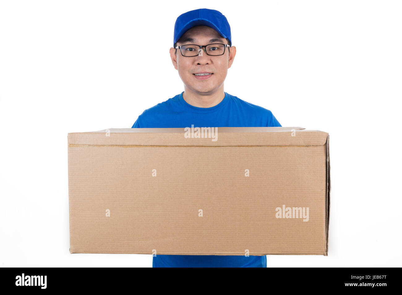 Smart Asian Chinese delivery guy in uniform delivering parcel in