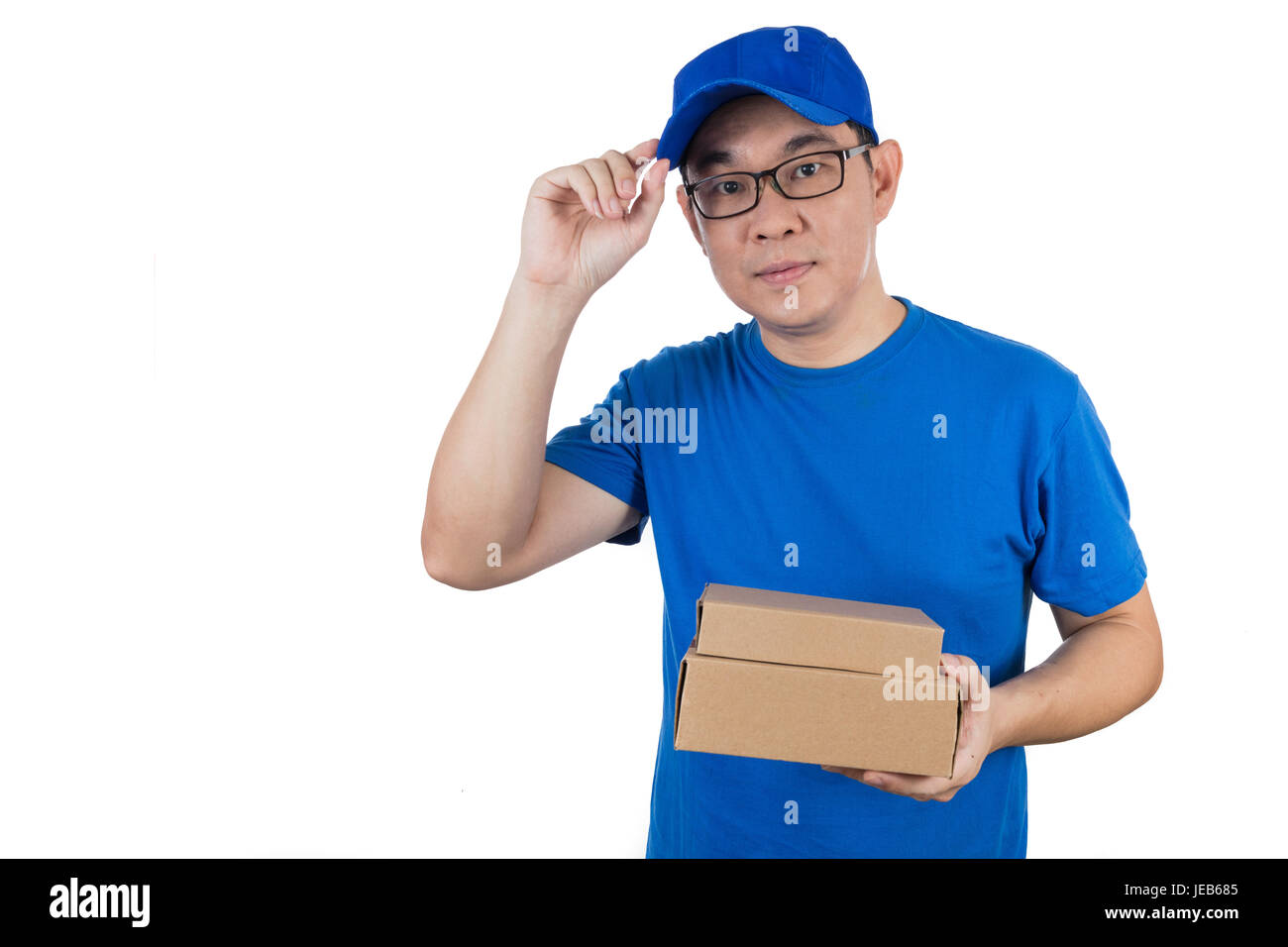 Smart Asian Chinese delivery guy in uniform delivering parcel in