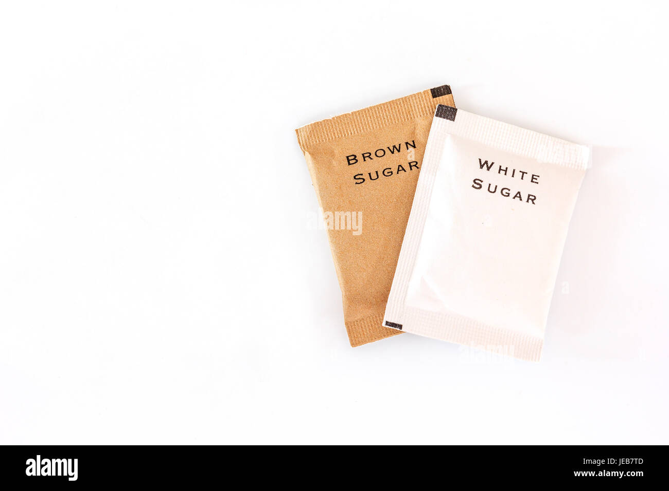 white and brown sugar bag on white background, Top view with copy space and text Stock Photo