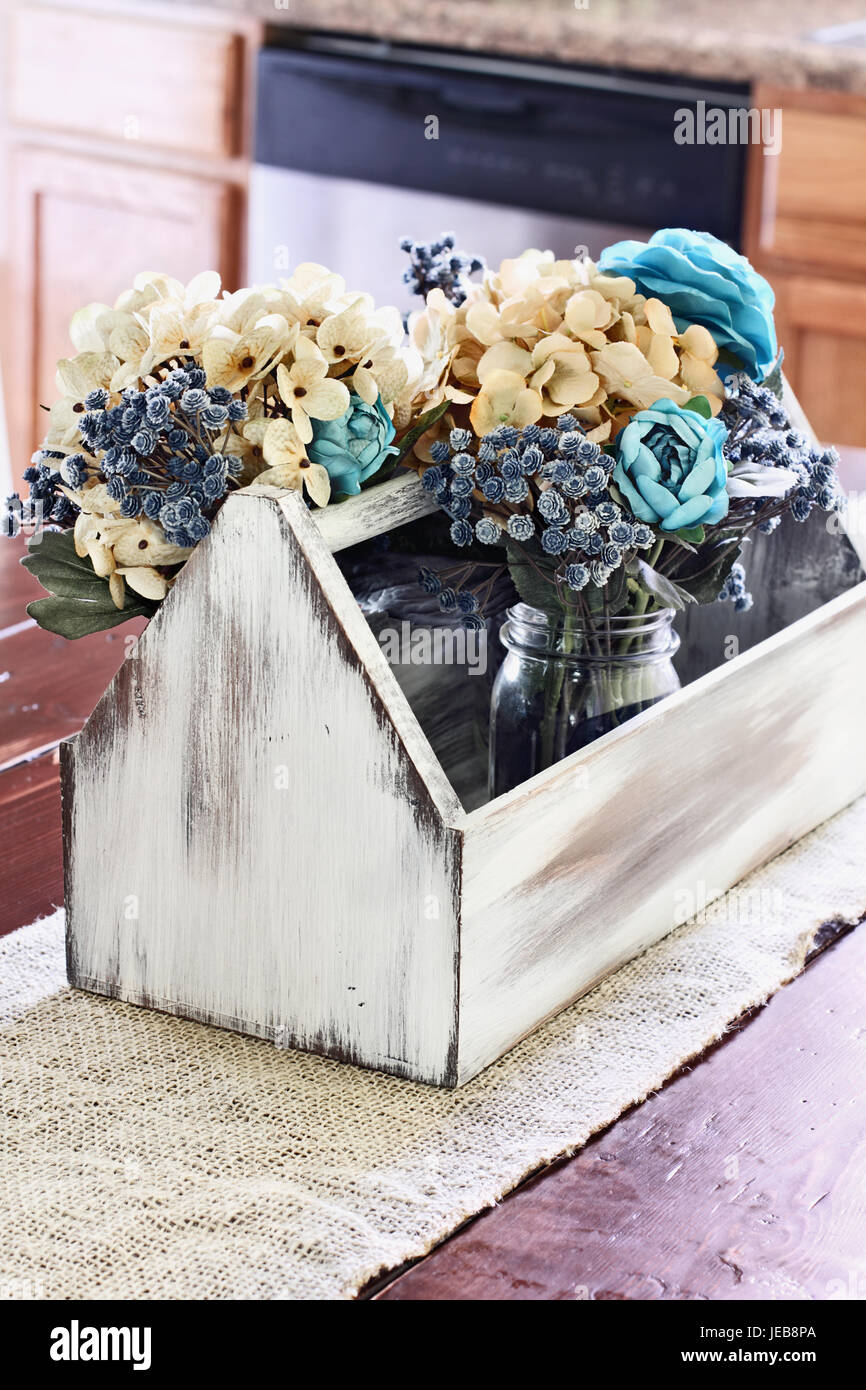 Interior rustic kitchen farmhouse table with old vintage wooden toolbox ...
