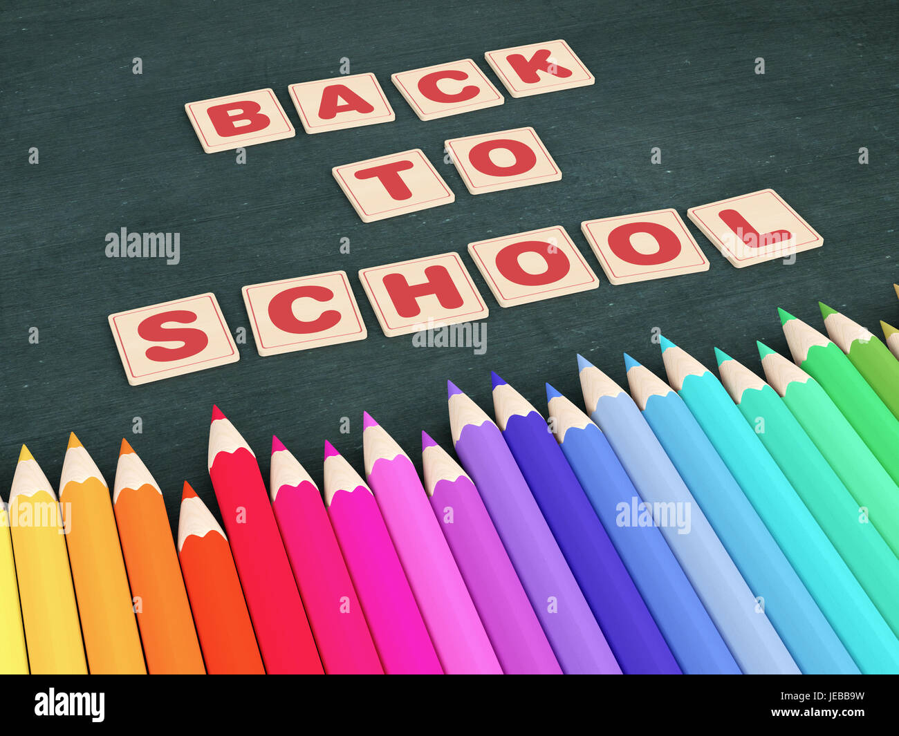 wooden blocks that form the text: back to school and a row of colorful pencils, blackboard on background (3d render) Stock Photo
