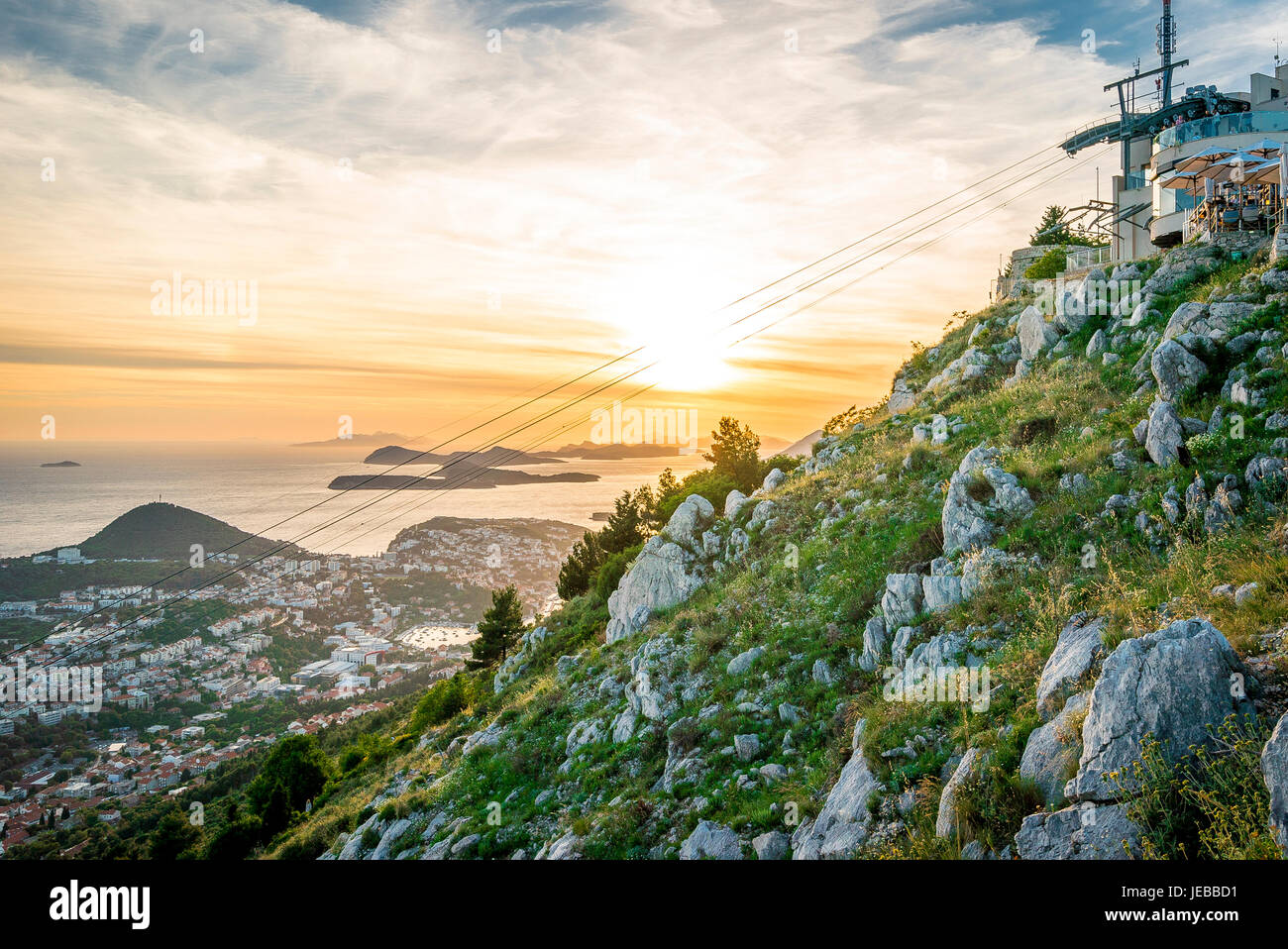 Sunset views toward the upper station of the Dubrovnik Cable Car Stock Photo