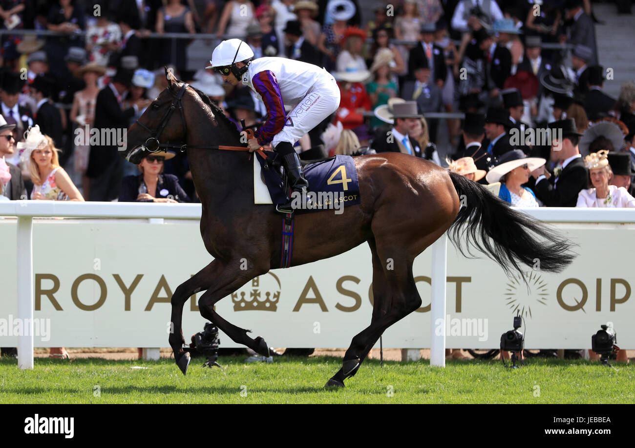 Aim To Please ridden by jockey OP McDonald goes to post before the Duke Of Cambridge Stakes during day two of Royal Ascot Stock Photo