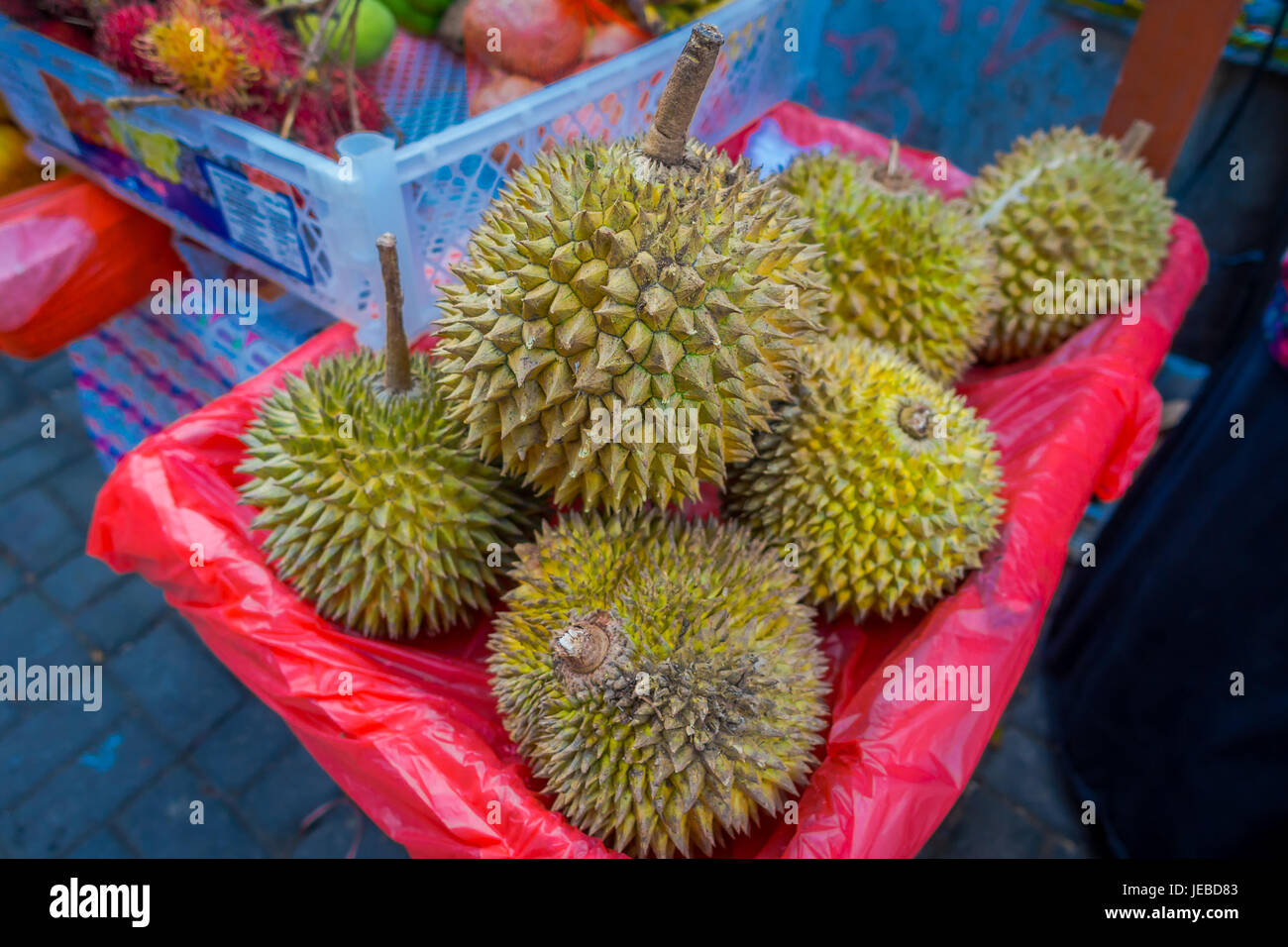 King of fruits, durian in the fruit market, close up, Ubud Bali