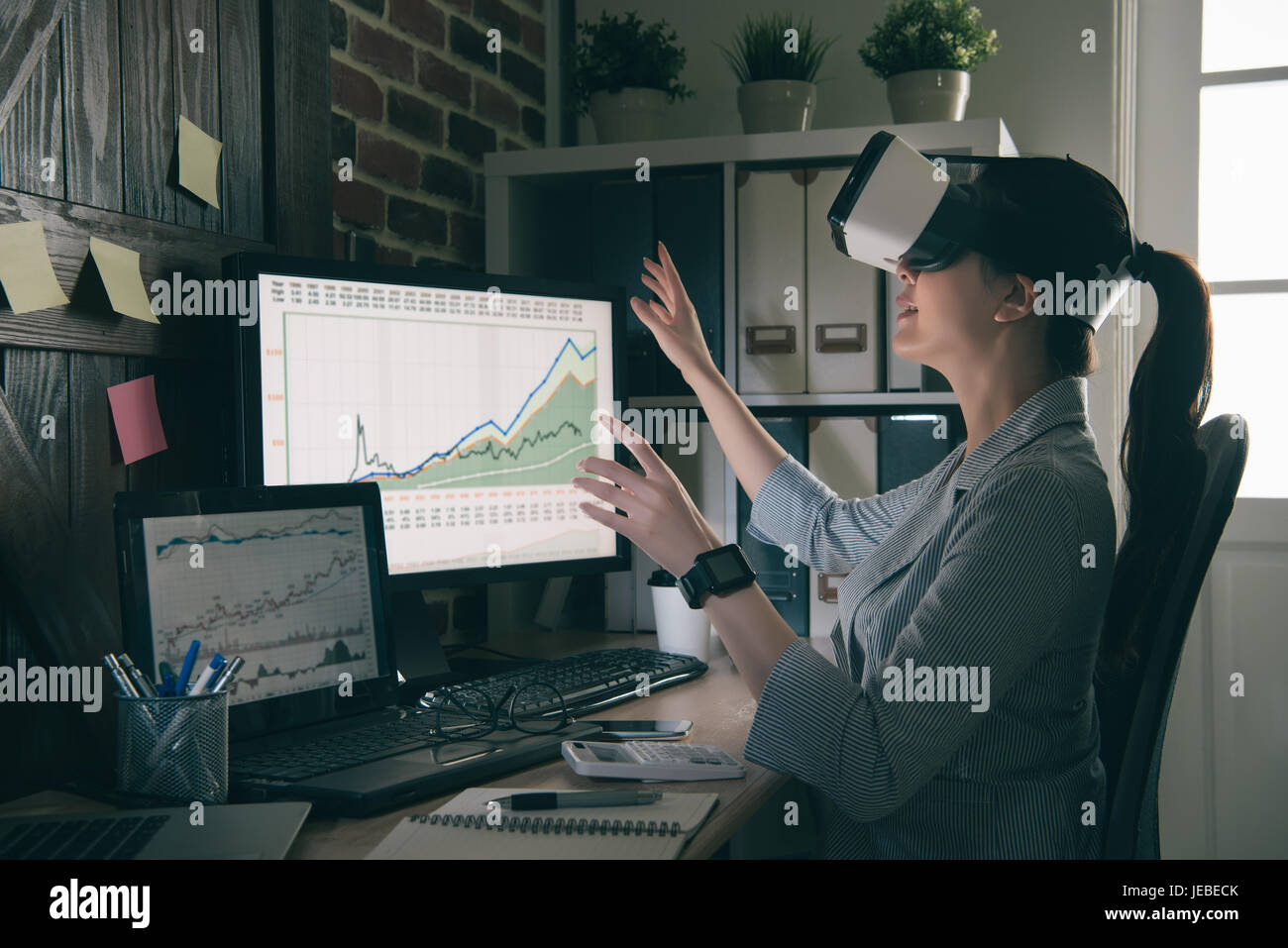 smiling girl wear VRheadset and interactive touch over air. VR headset glasses device