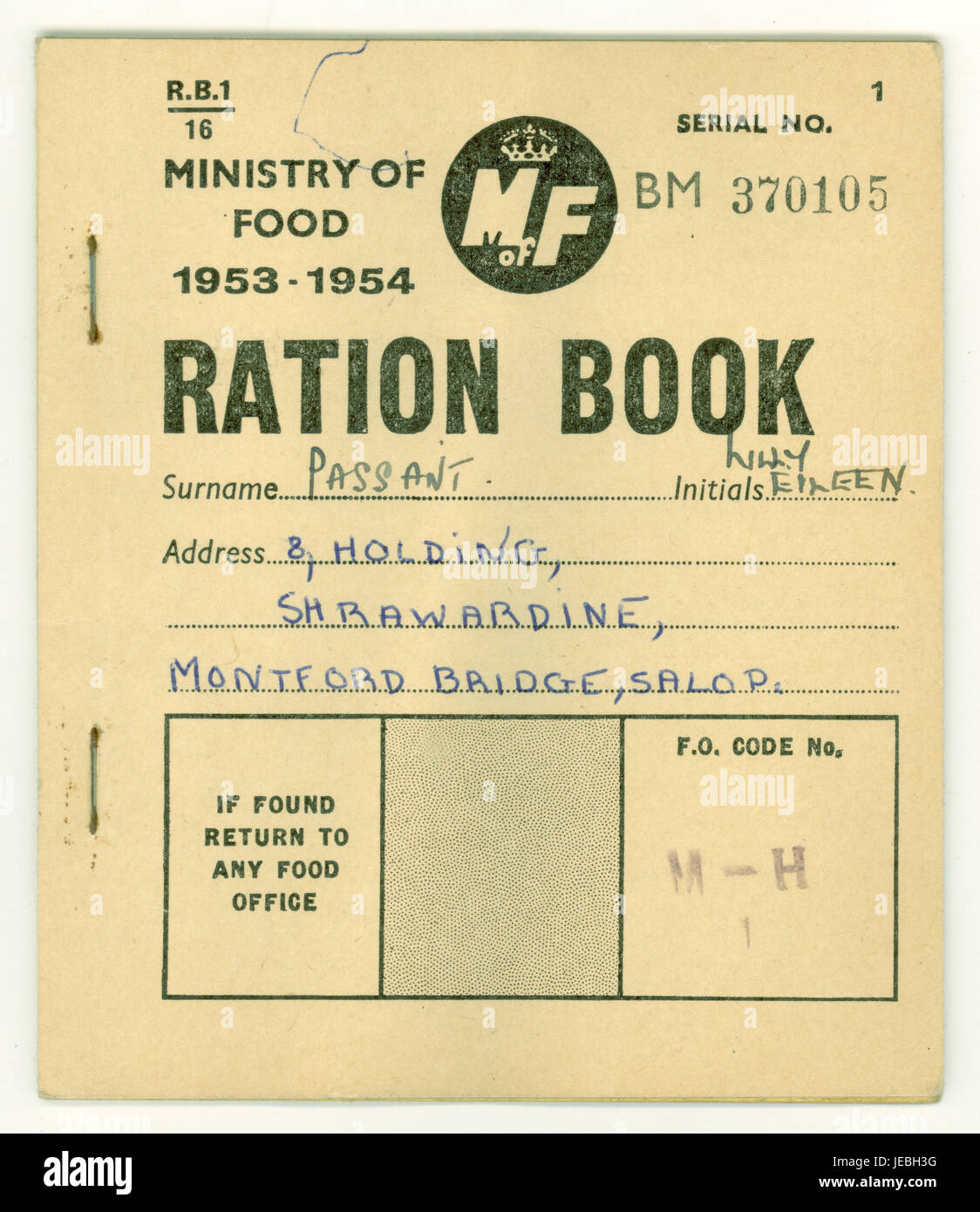 Ministry of Food 1953-1954 Ration Book, coupons inside, a restriction which affected the British people's diet, for a resident of Montford Bridge, Salop, (old abbreviated name for Shropshire), England, U.K. Stock Photo