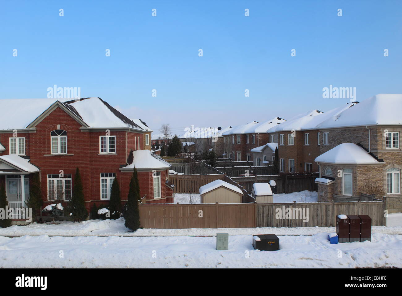 It's a street picture of outside my cousin's house in Toronto. It was taken right after a snow fall. The view point is from the second story. Stock Photo