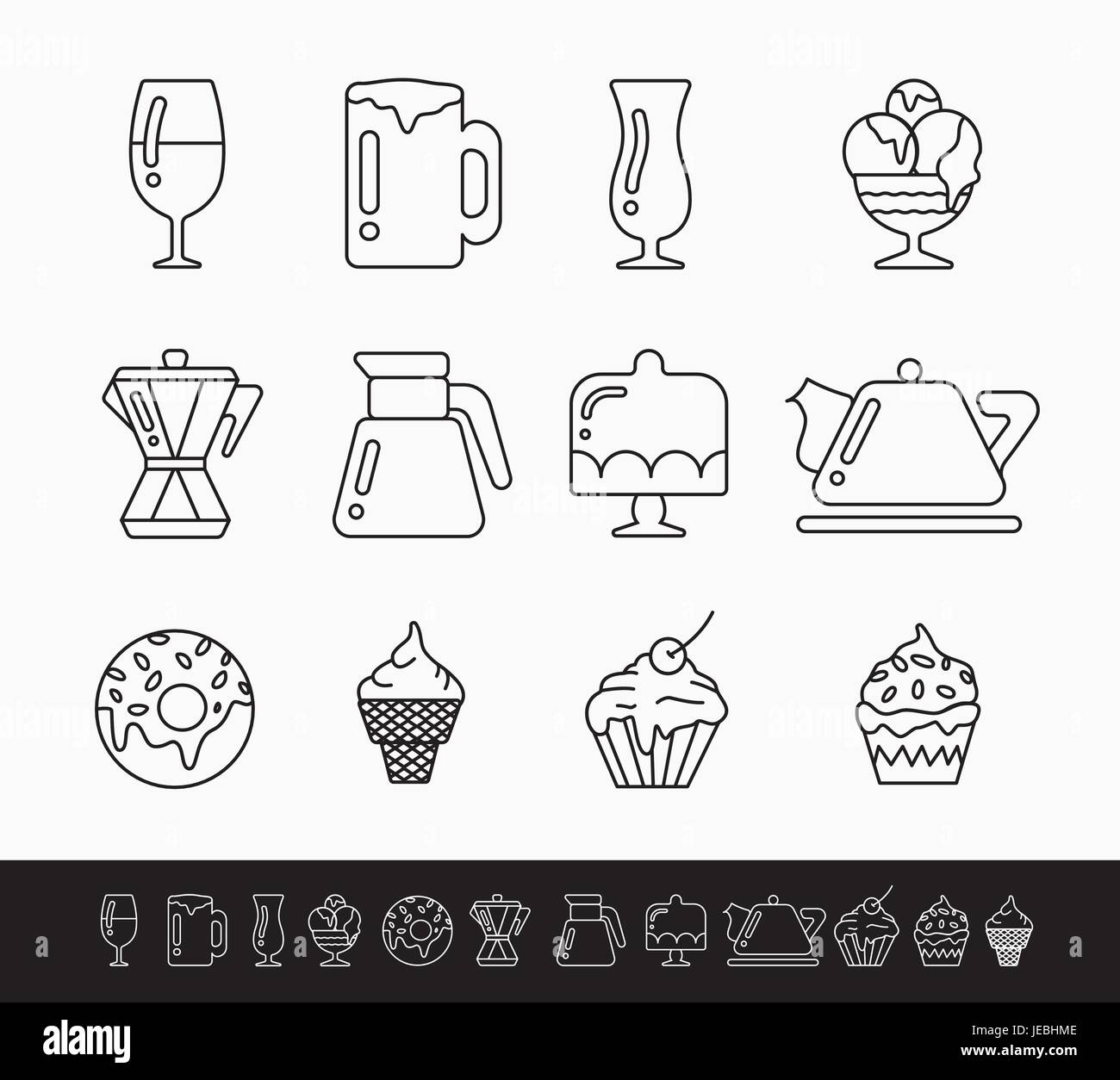 set of black and white linear icons on the theme of food, drinks and kitchen devices. Stock Vector