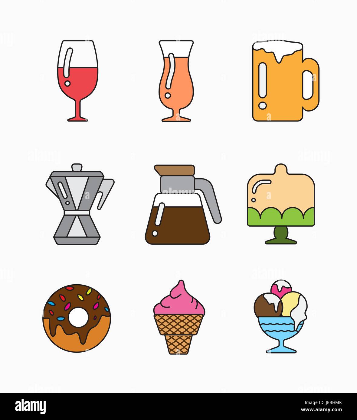 Colorful flat icons with glasses, teapots and desserts. Set of food Stock Vector
