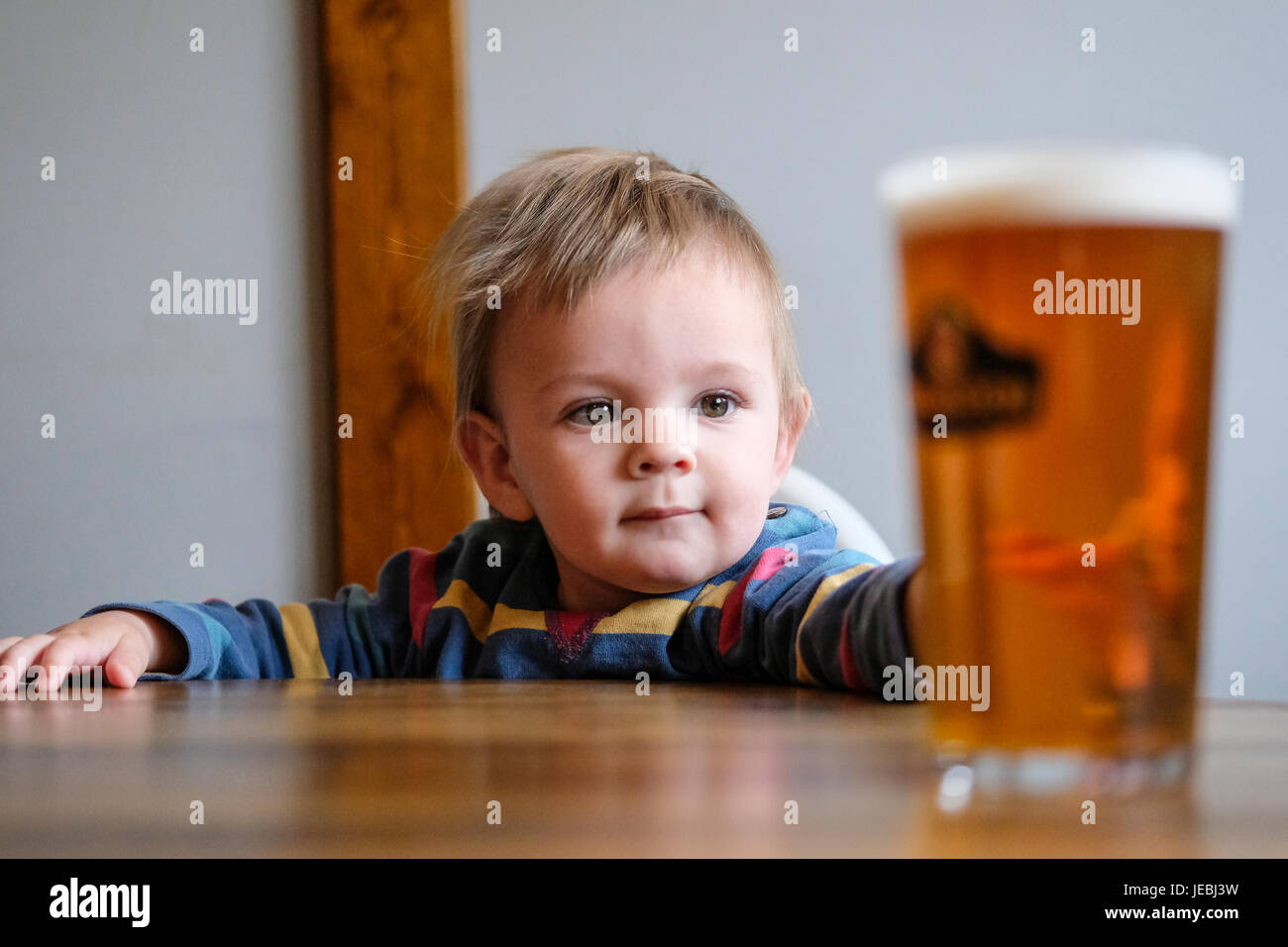 baby boy reaching for pint of beer Stock Photo