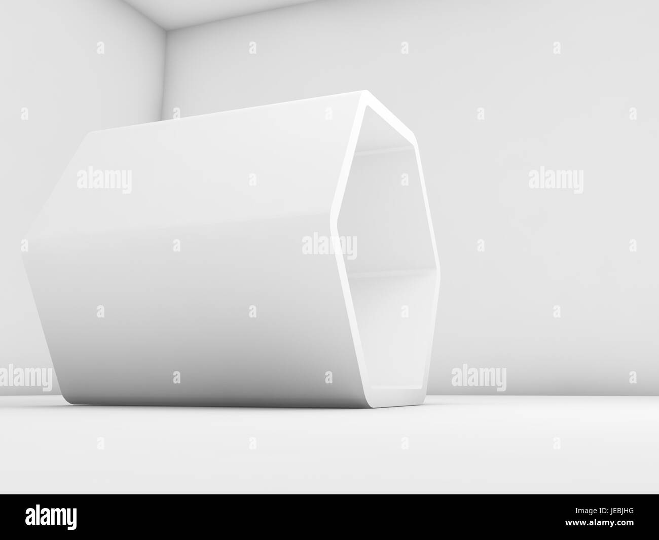 Empty white hexagonal object in clean room interior, 3d render ...