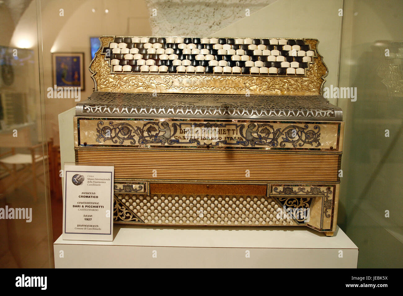 Italy Marche Castelfidardo (AN): Civic International Museum of Accordion. Exposition of ancient accordions. Stock Photo