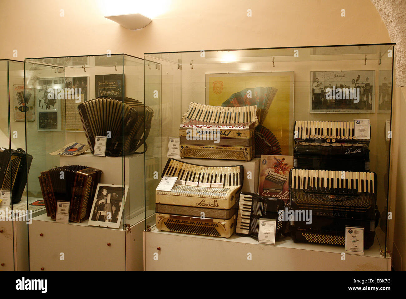 Italy Marche Castelfidardo (AN): Civic International Museum of Accordion. Exposition of ancient accordions. Stock Photo