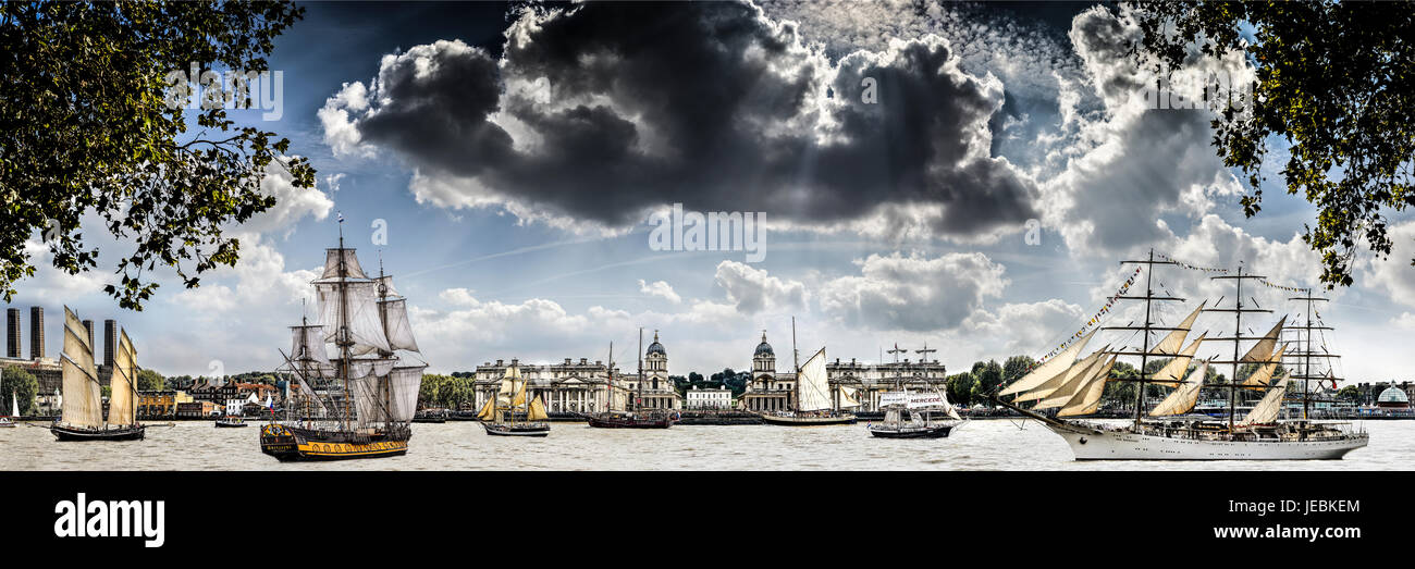 Tall ships Greenwich London panorama, sailing on river Thames Stock Photo