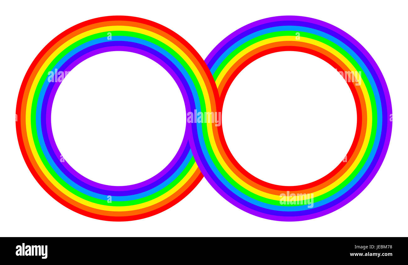 Two intertwined rainbow colored circles. Connected rings with rainbow bands in seven colors of the spectrum and visible light. Infinity symbol. Stock Photo