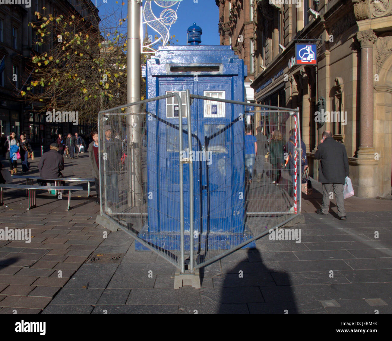 Dr Who Tardis in prison  safety cages around former police box  site for The Ivy Glasgow World-famous celeb hangout  opening 2017 planned Stock Photo