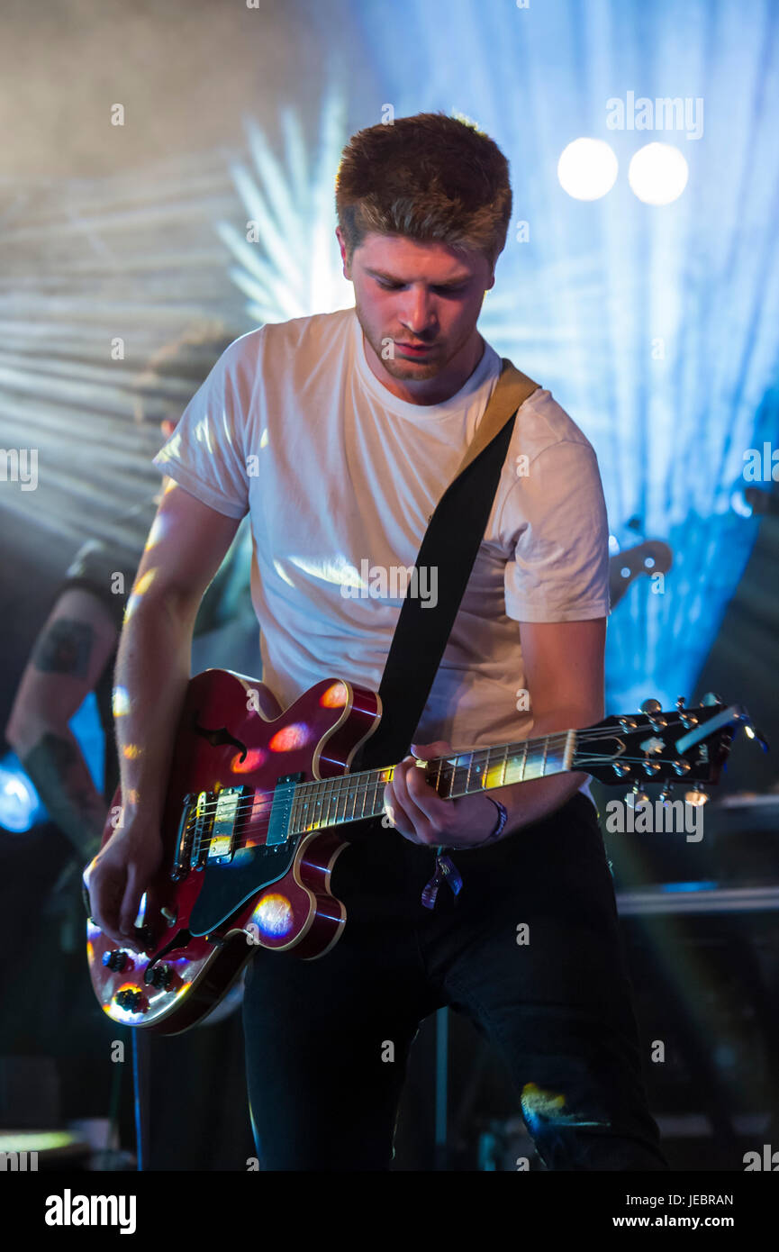 Thornhill, Scotland, UK - August 27, 2016: Michael Devereux, guitarist with Scottish band, Onr performing at Electric Fields Stock Photo