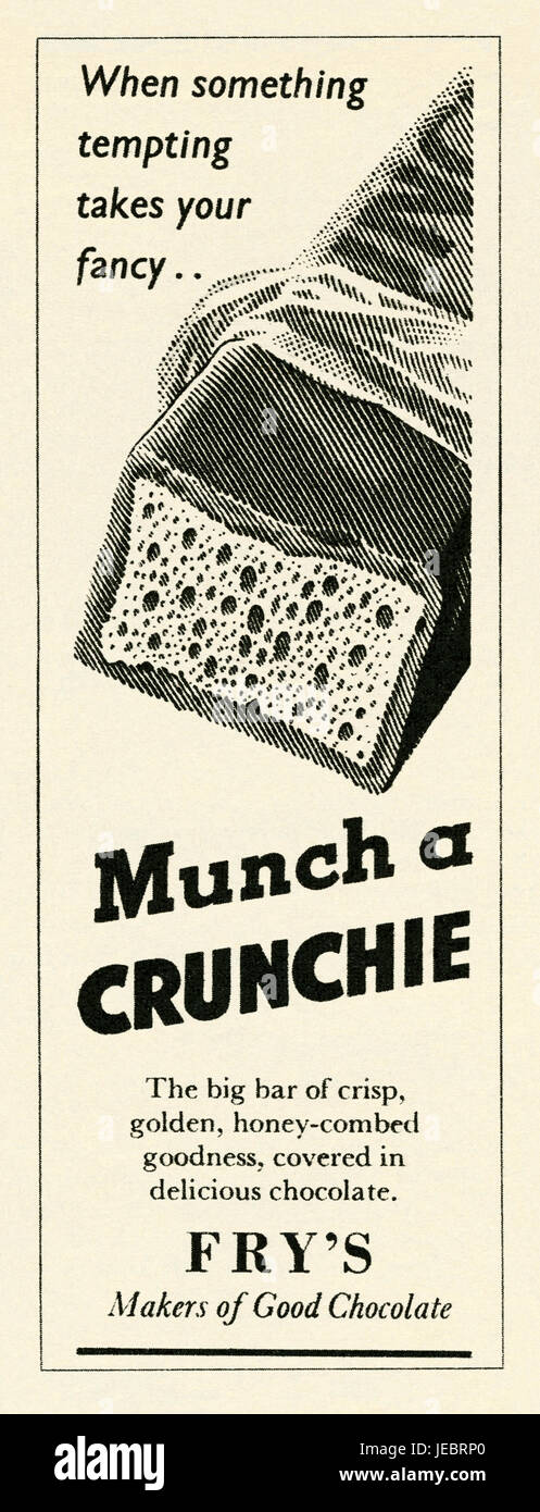 An advert for a Chrunchie bar - it appeared in a magazine published in the UK in 1947. Crunchie is a brand of British chocolate bar with a honeycomb toffee (or sponge toffee) sugar centre Stock Photo
