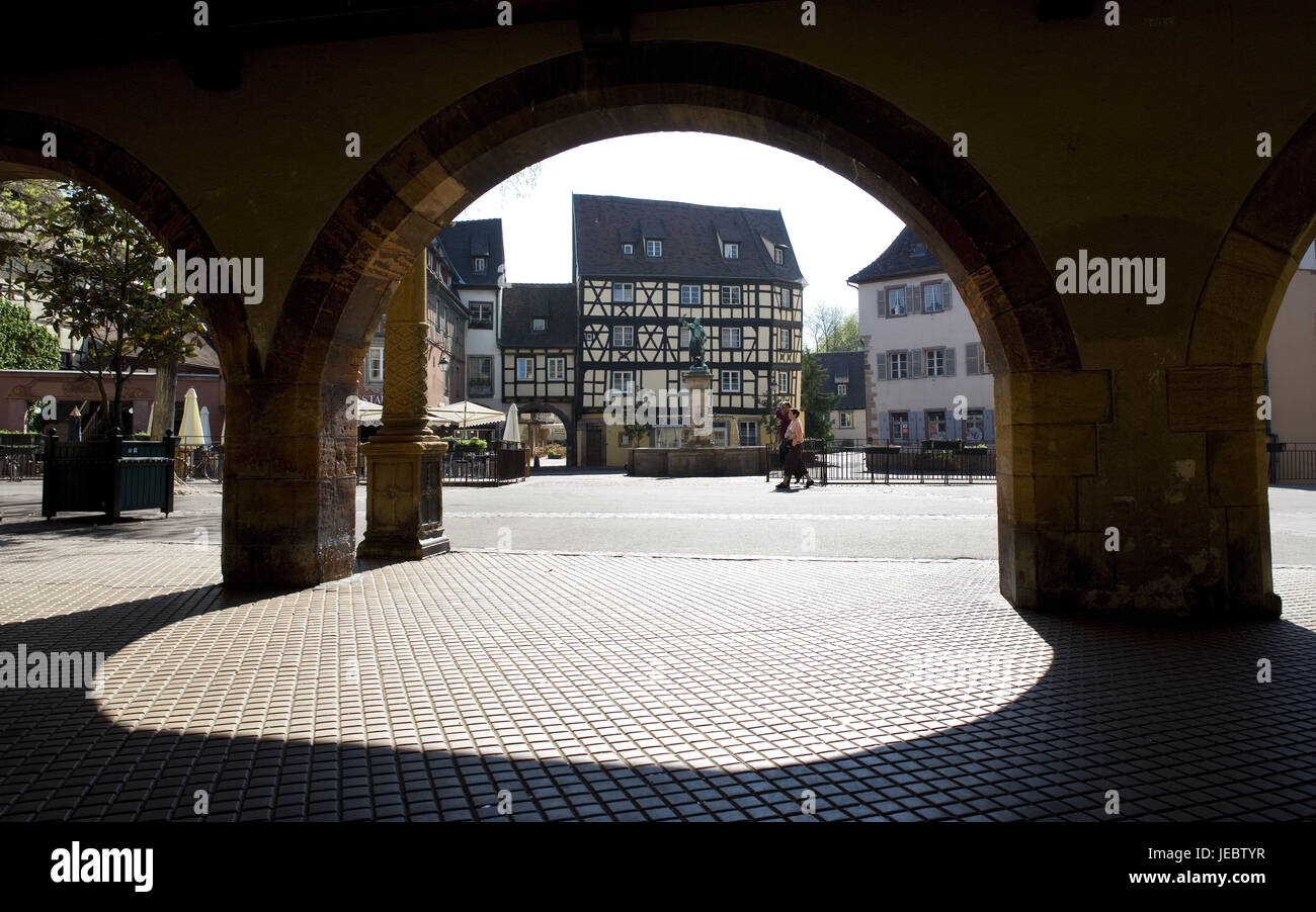 France, Alsace, Colmar, Place de l Æ Ancienne Douane, Koifhus, gate, view, half-timbered house, Stock Photo