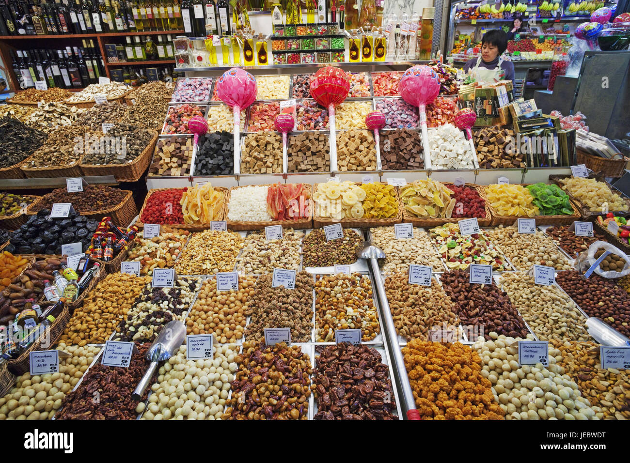 Spain, Barcelona, Ramblas, Mercat La Boqueria, market stall, nuts and dry fruits, Stock Photo