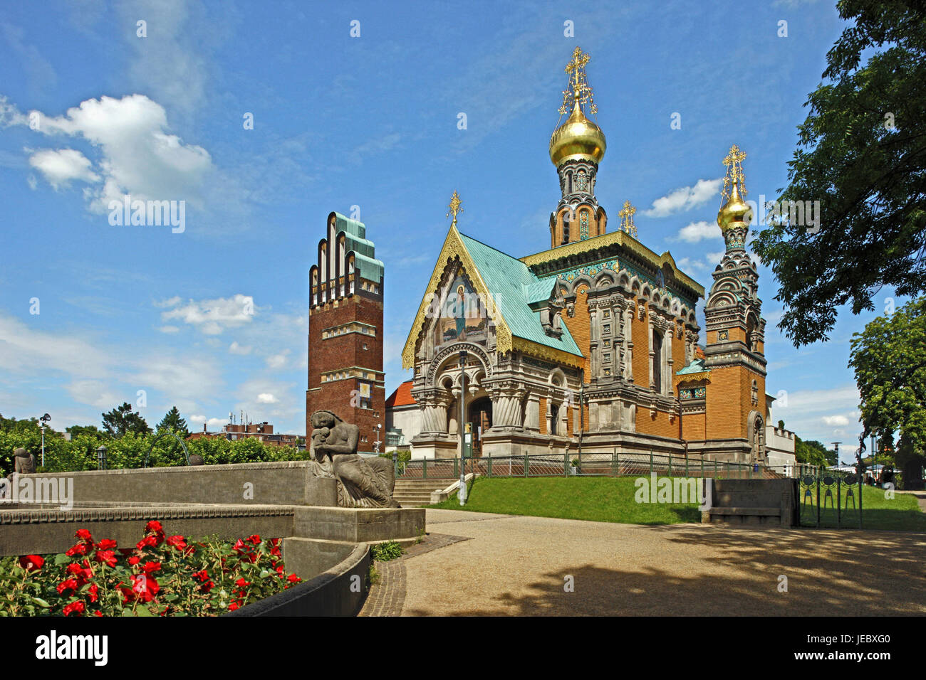 Germany, Hessen, Darmstadt, Mathildenhöhe, Russian band, church, religion, faith, band, church, outside, steeples, golden, wedding attack, nobody, place of interest, tourism, sunshine, Stock Photo