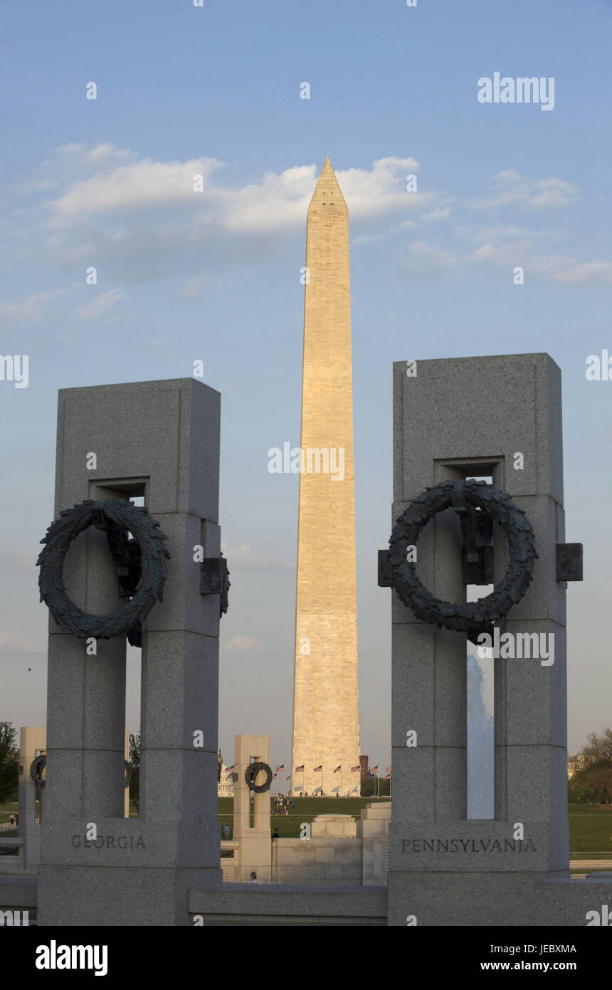 The USA, America, Washington, D.C., Nationwide Worldwar II Memorial, Washington monument in the background, Stock Photo