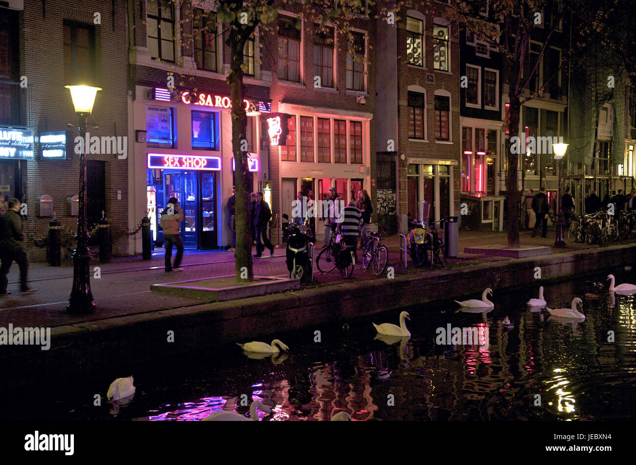 Holland, the Netherlands, Amsterdam, red light area, swans on the water, Stock Photo