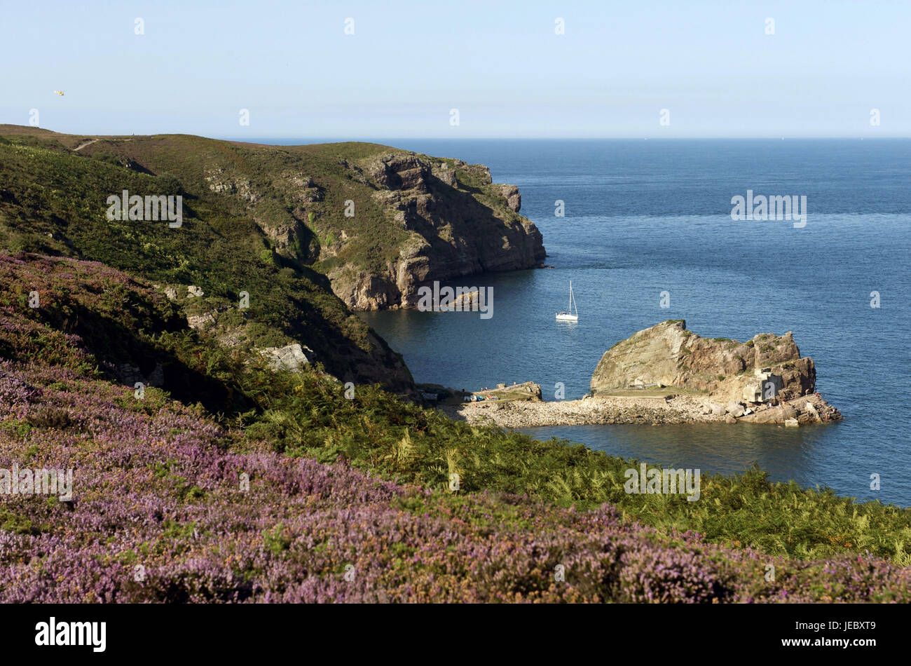 Europe, France, Brittany, Cote D' Emeraude, Cap Frehel, coastal scenery with sailboats, Stock Photo
