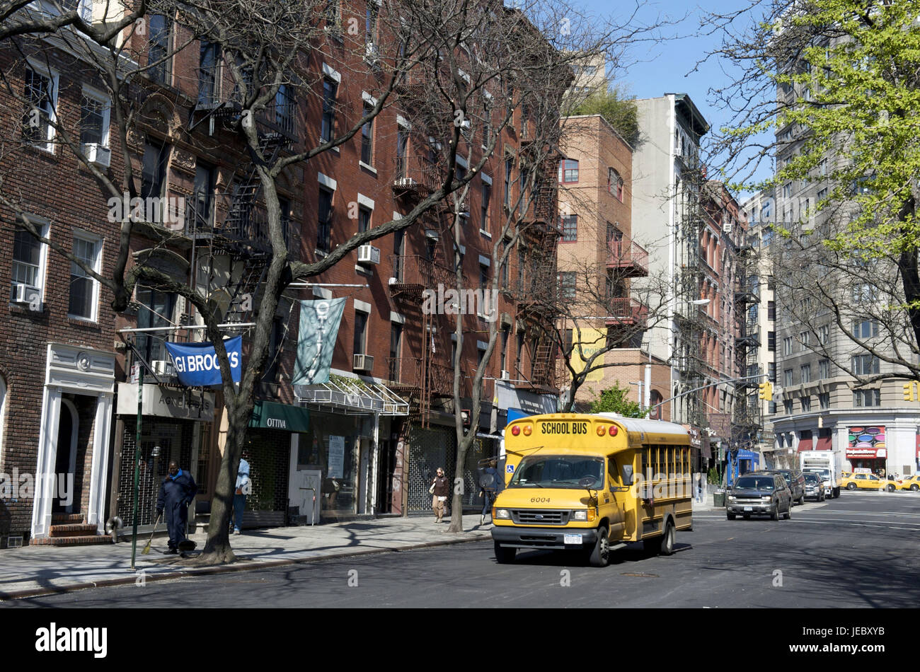 The USA, America, New York, Manhattan, Soho, yellow school bus, Stock Photo