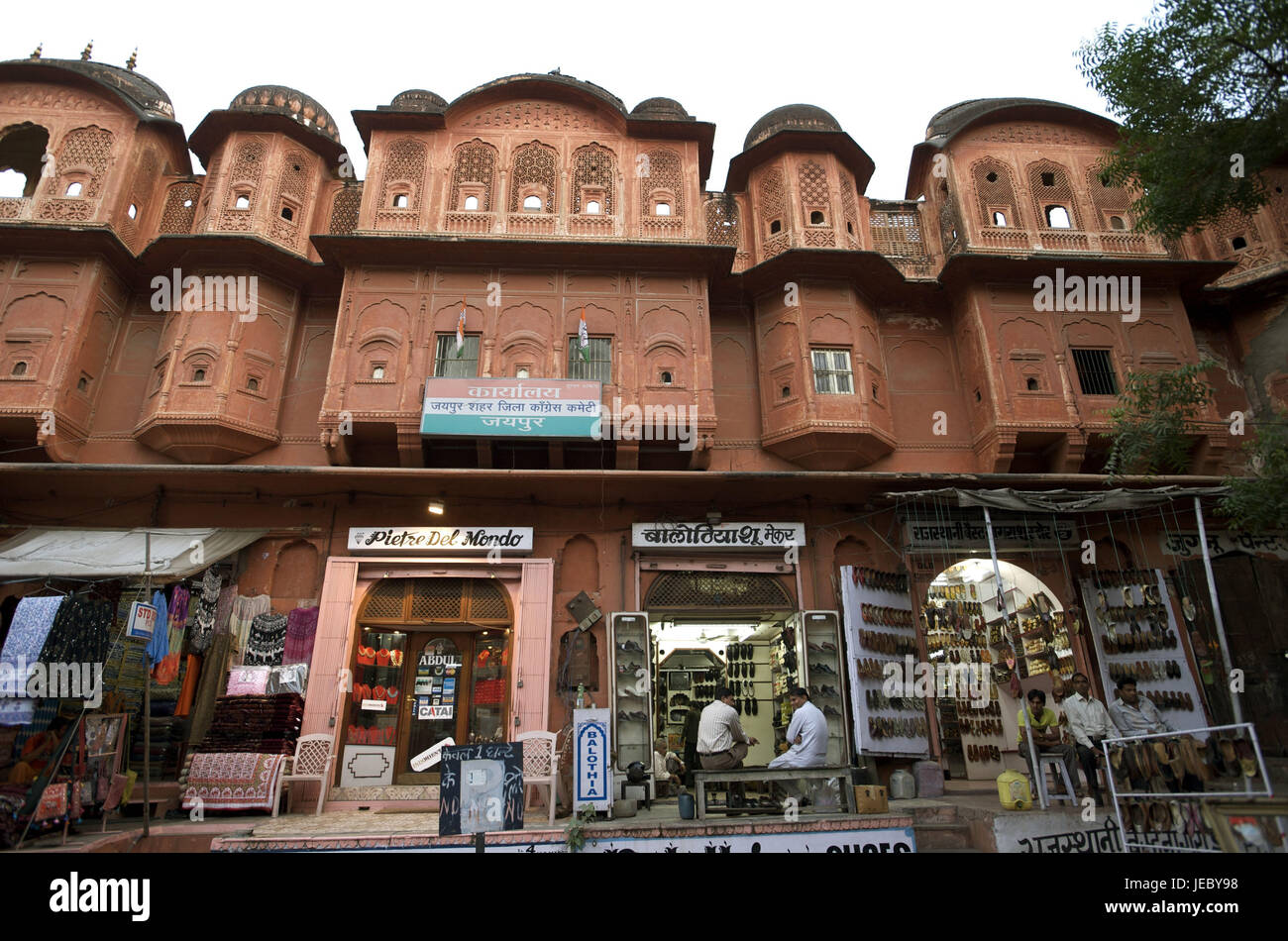 India, Rajasthan, Jaipur, Old Town, building, small shops, from below, Stock Photo