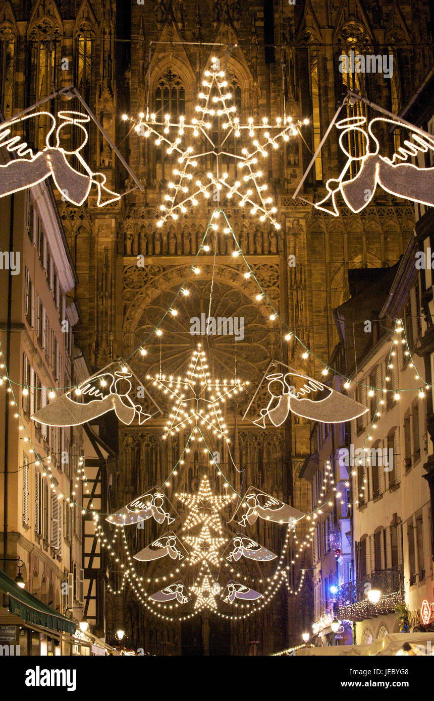 Europe, France, Alsace, Strasbourg, Christmas decoration in the Rue Merciere, Stock Photo