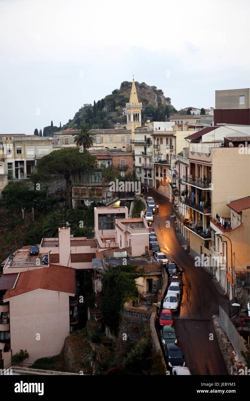 Italy, Sicily, Taormina, Old Town, street scene, Southern Europe, town view, town, houses, buildings, street, cars, church, steeple, structure, place of interest, destination, tourism, Stock Photo
