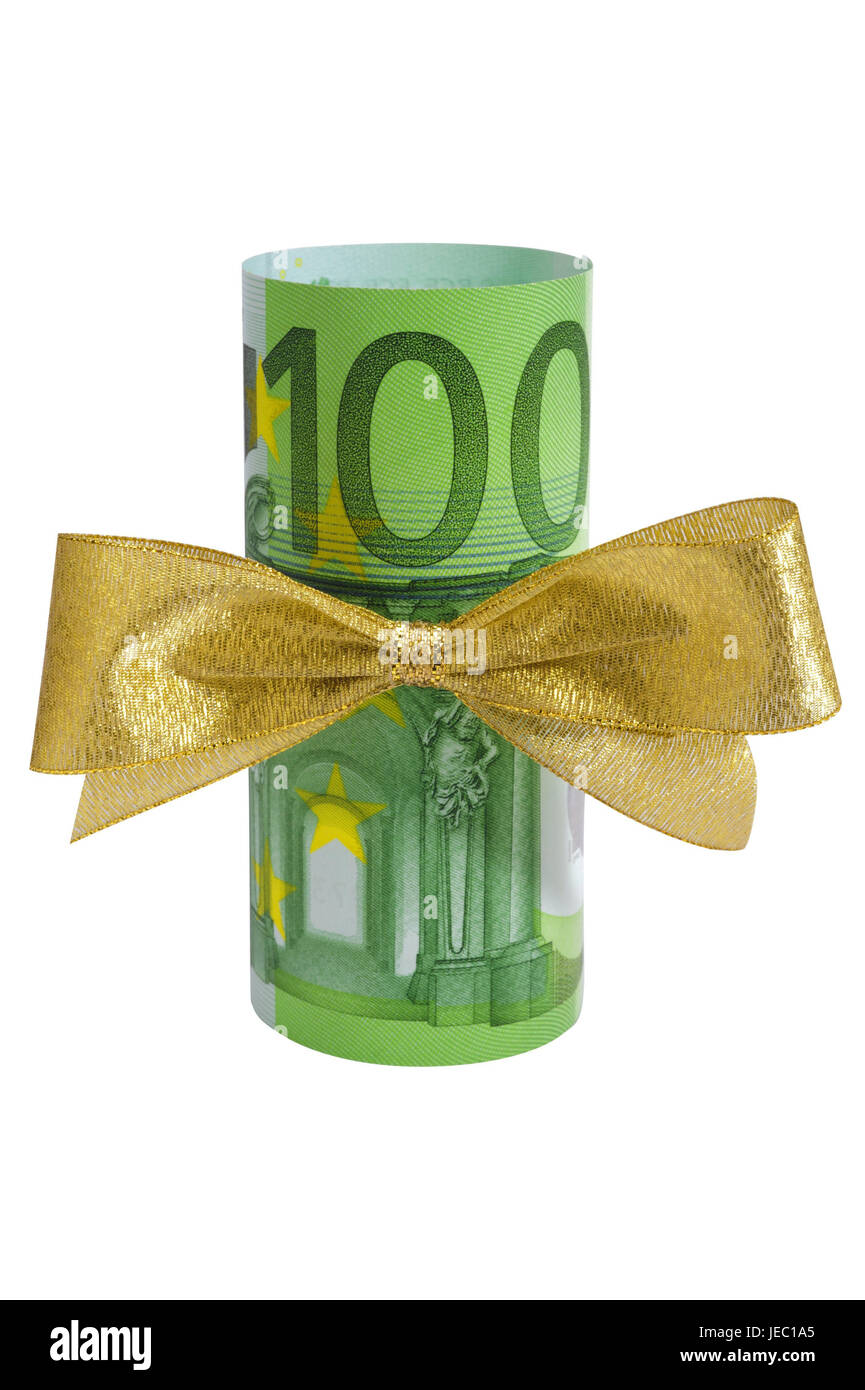 Gift of money, loop, 100, bank note, cash, bonus, Einhundert - euros, incomes, income, eurolight, finances, yellow, Frei's plate, joy, birthday, salary increase, money, gift of money, banknote, present, profit, wrapping tape, luck, congratulation, green, coupon, hundred, jubilee, paper money, present, loop, scrolls, give around, light, black money, donation, business expenses, currency, Stock Photo