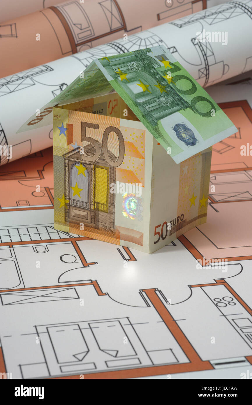 Building of a house, banknotes, architect's plan, construction, building of a house, architecture, build, layout, plan, plan, shell, model house, model, real estate, architecture, drawing, subscription, house, icon, single-family dwelling, building, building of a house, house purchase, shop, architect's plan, euro, eurolight, banknotes, Stock Photo