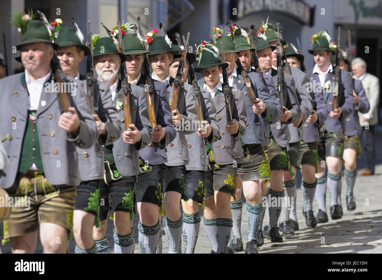 Patronage tag of the Bavarian mountain protection companies with festive procession in Traunstein, Stock Photo