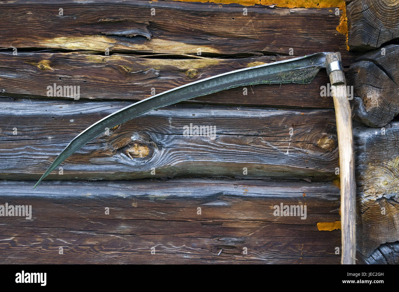 wooden hut, scythe, house, building, wooden house, Lithuania, barn, stable, woodwork, nobody, implement, tools, sharply, Stock Photo