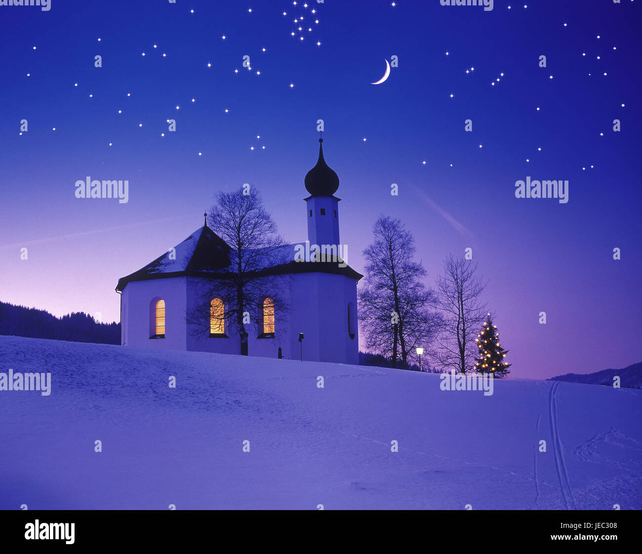 Austria, Tyrol, Achenseeregion, Achenkirch, Anna's band, winter evening, moon, starry skystarry skystarry sky, Stock Photo