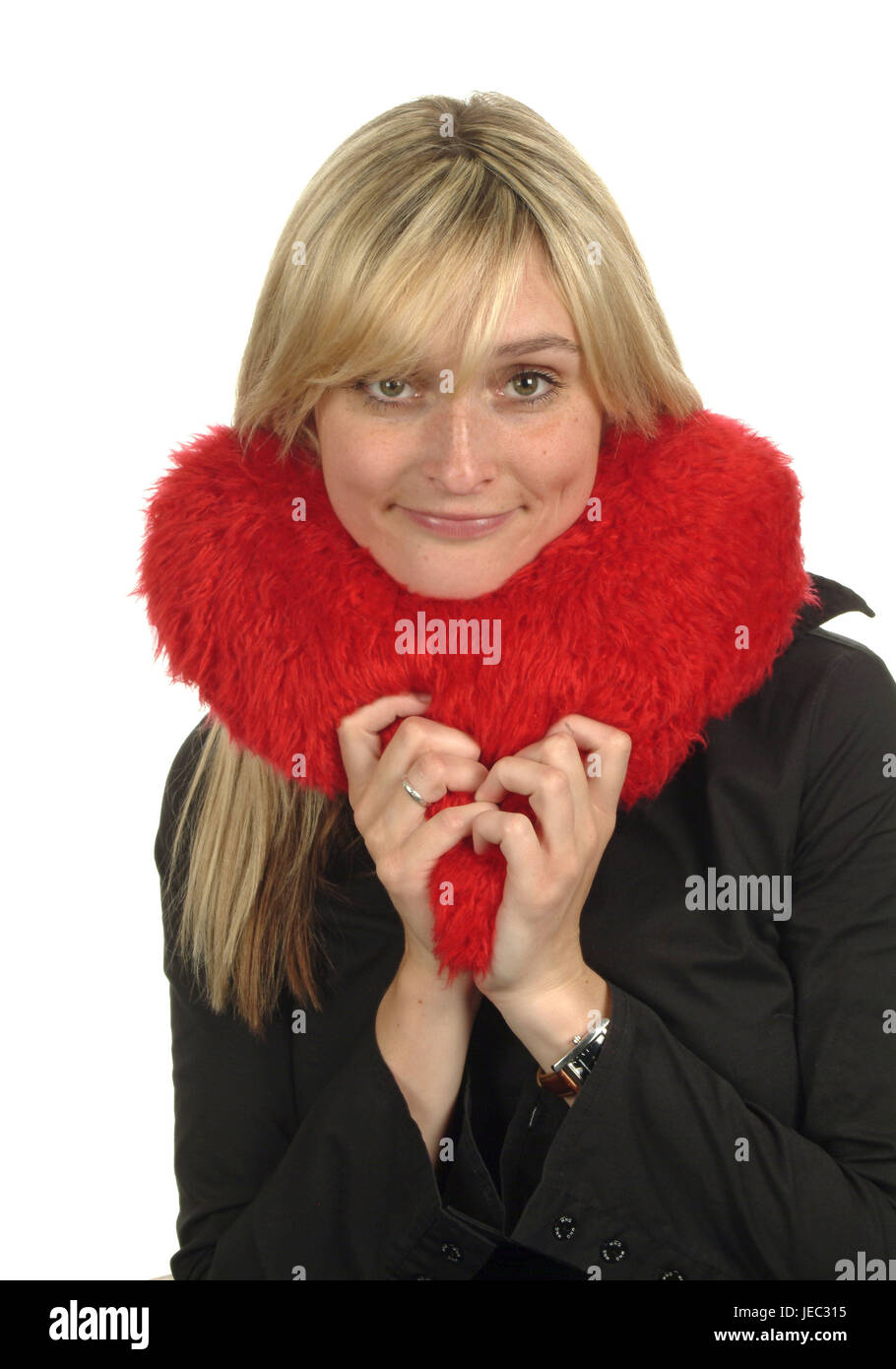 Young woman holds red plush heart, Stock Photo