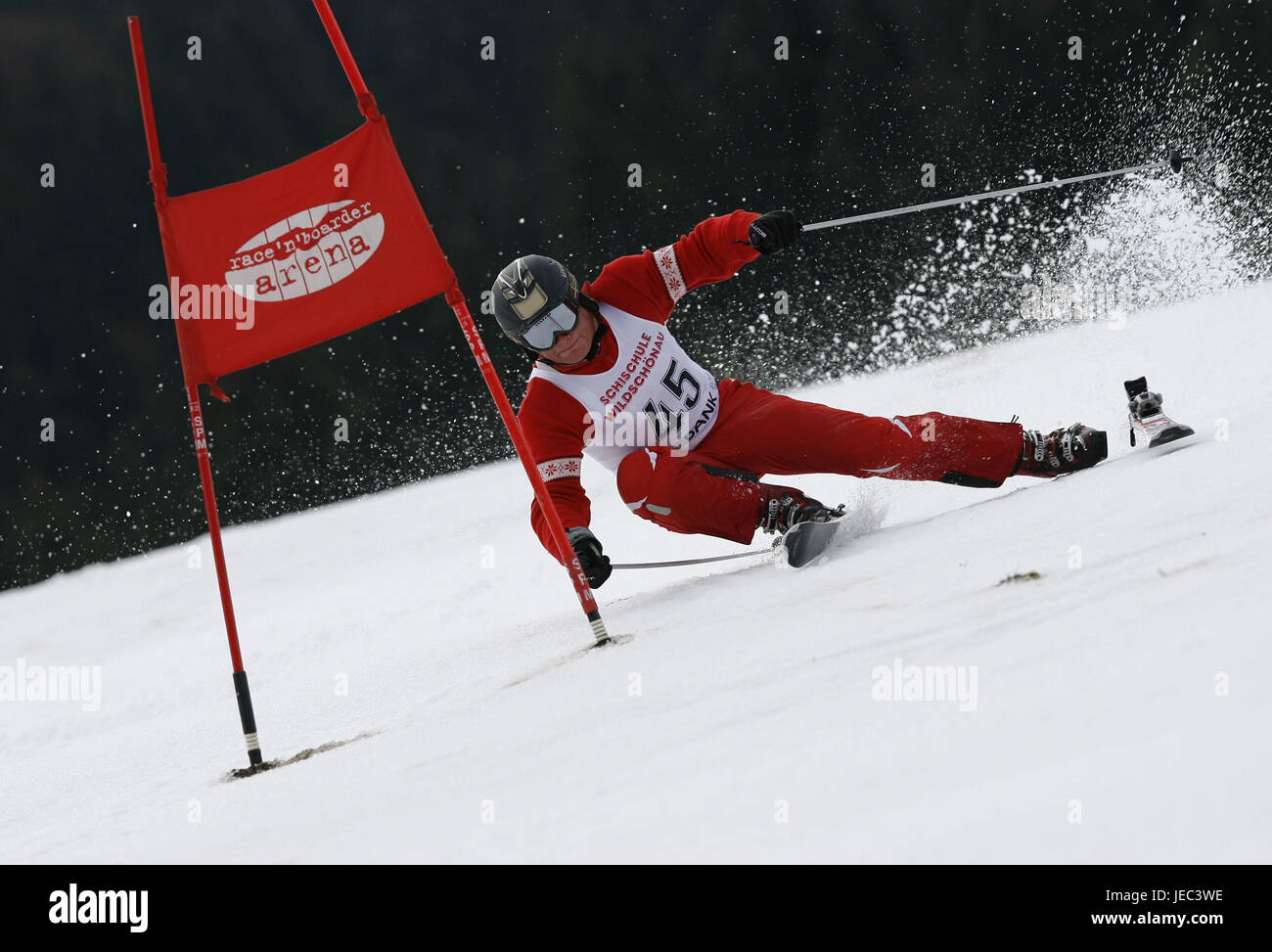 Ski racing runner loses a ski during a race, Stock Photo