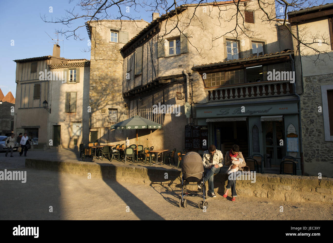 France, region Aude, Carcassonne, parents by baby carriage in the Old Town, Stock Photo
