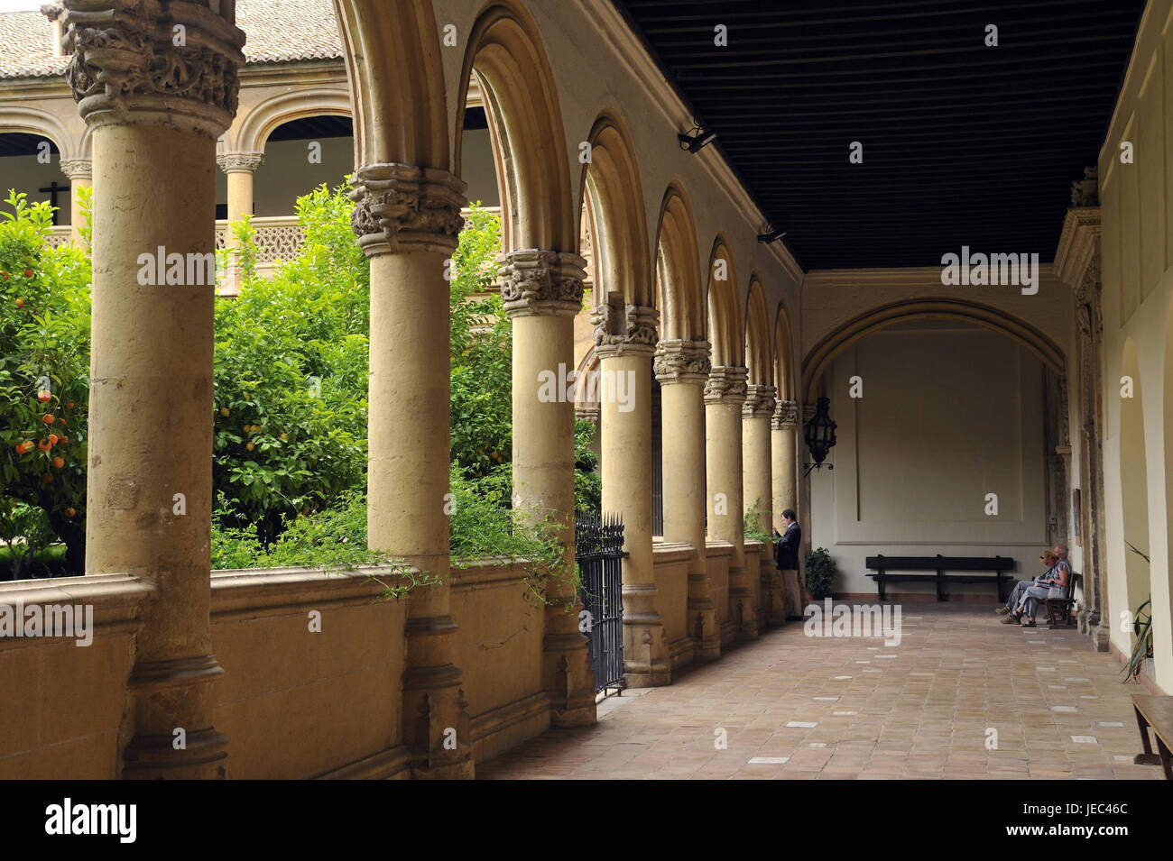 Spain, Andalusia, Granada, cloister of San Jeronimo, arcade, person in the background, Stock Photo