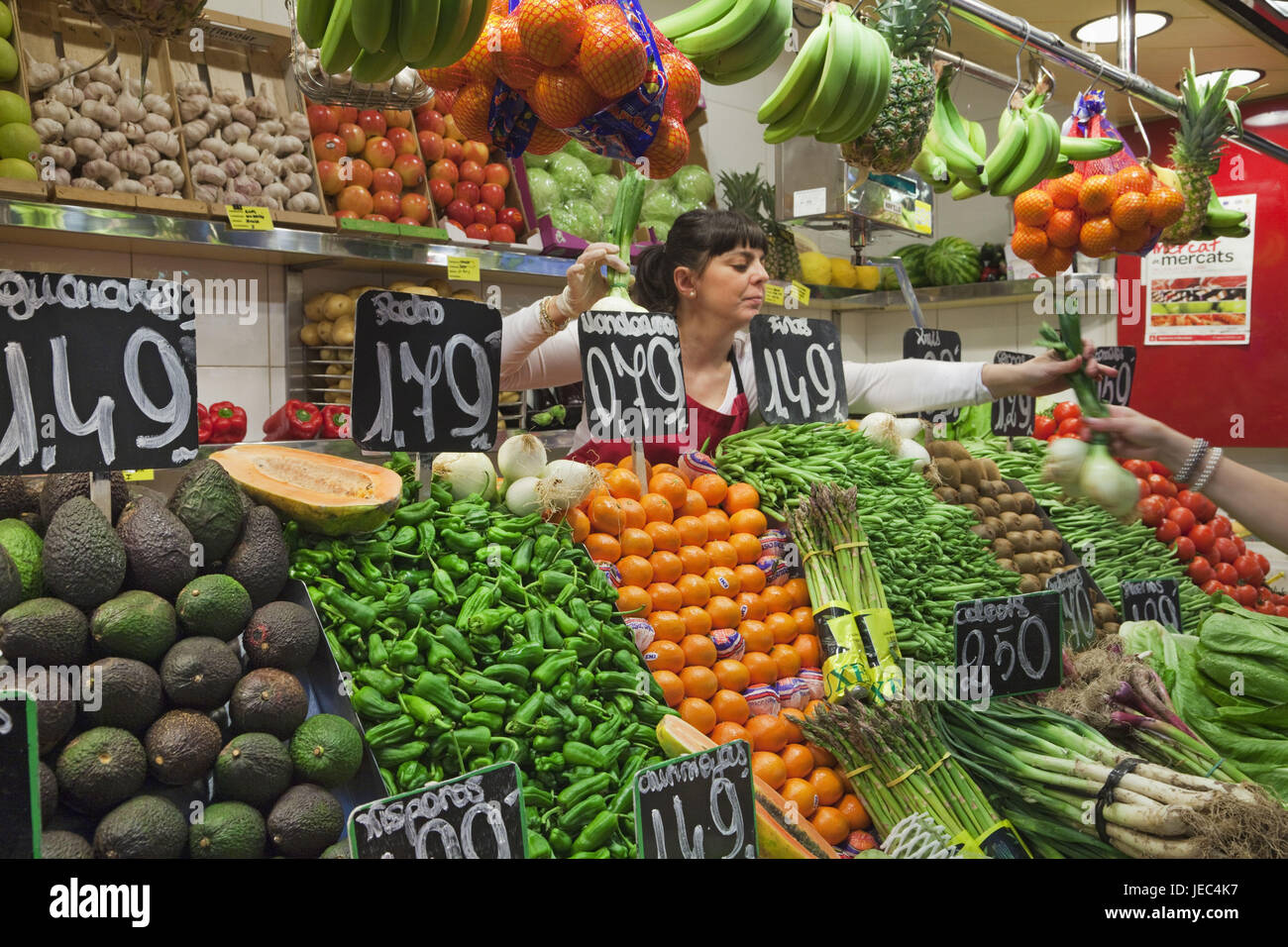 Spain, Barcelona, Ramblas, Mercat La Boqueria, fruit stall and vegetable state, Stock Photo