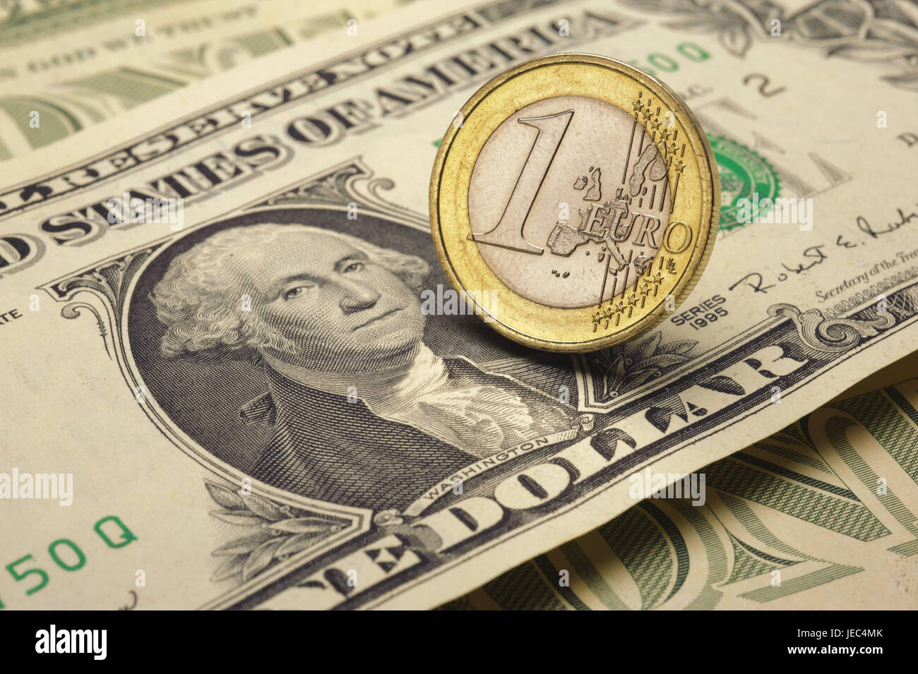 Dollar of bank note and 1 euro of coin, Stock Photo