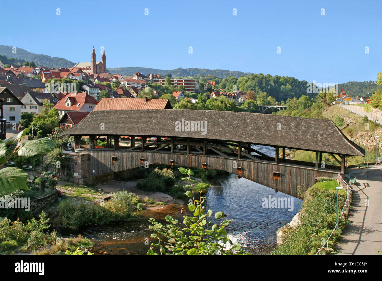 Germany, Baden-Wurttemberg, Forbach, Murg, historical wooden bridge, local view, river, water, bridge, woodwork, church, houses, residential houses, overview, wooden bridge, historically, Stock Photo