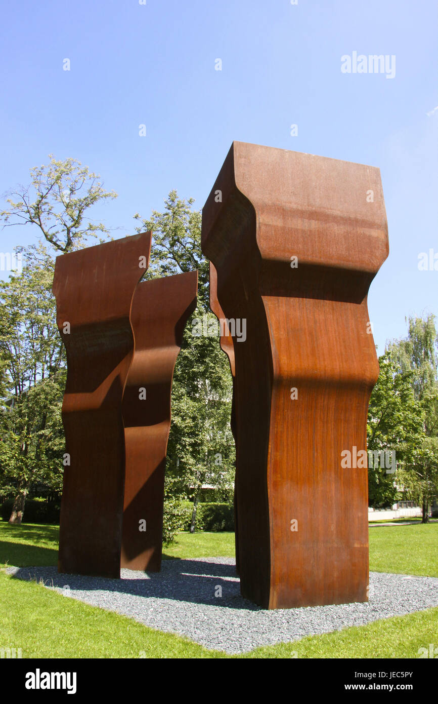 Germany, Upper Bavaria, Munich, sculpture, Buscando la Luz, Bavarians, art, structure, nobody, modern, architecture, St. of art, steel, steel sculpture, rust-red, rust, South Germany, tourism, state capital, place of interest, travels, in 1997, city travel, art, architecture, culture, funnel, ironworks, Stock Photo