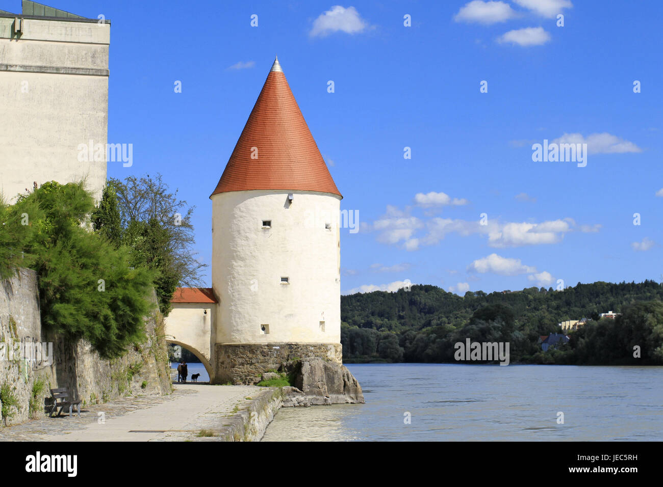 Germany, Lower Bavaria, Passau, Innufer, Schaiblingsturm, 3 rivers town, Lower Bavaria, Europe, summer, place of interest, town, city centre, tourism, architecture, structure, building, river, waters, town view, Inn, tower, person, Bavaria, Stock Photo