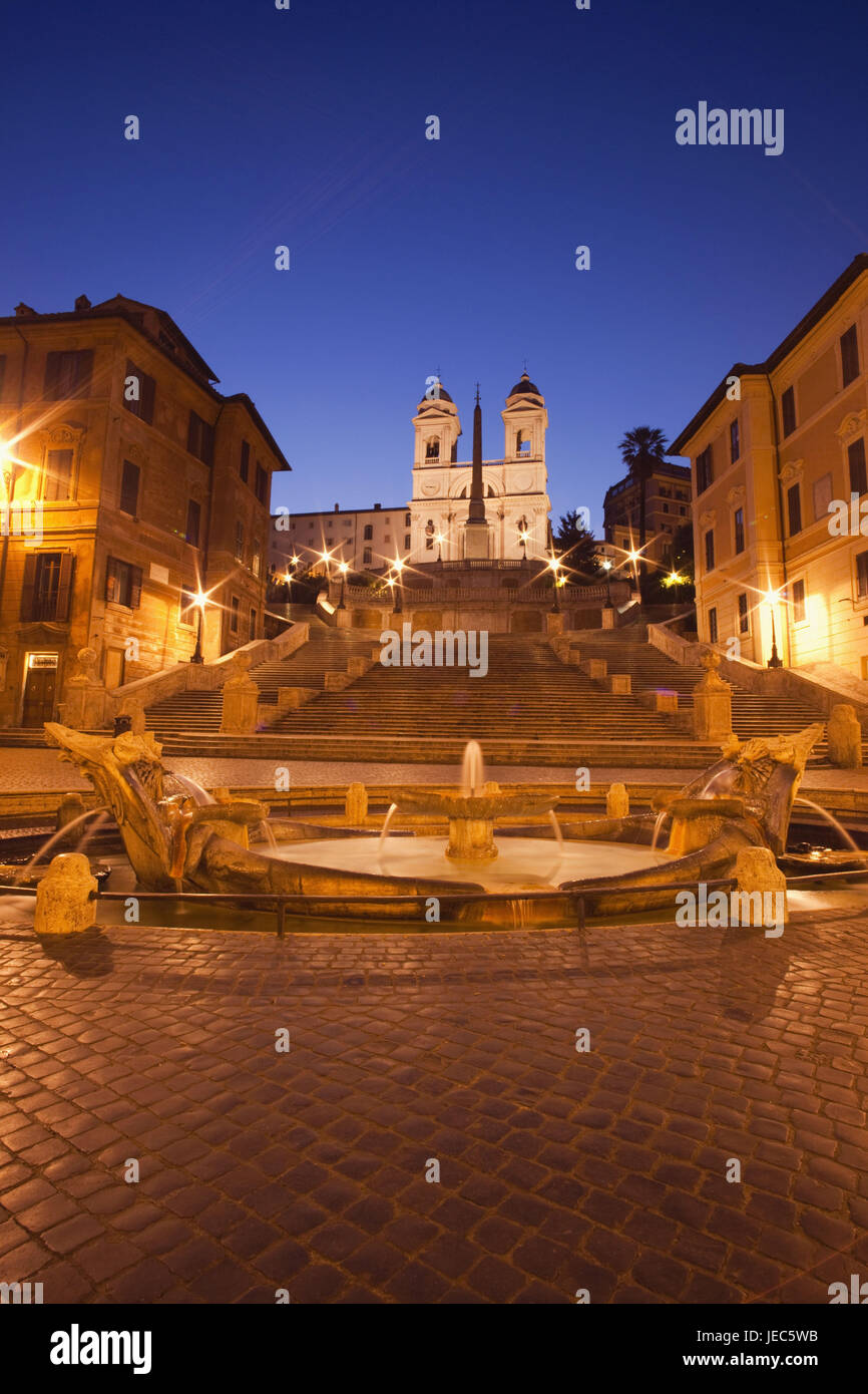 Italy, Rome, Piazza Tu Spagna, Fontana della Barcaccia, Spanish stairs and church Santa Trinita dei Monti, in the evening, Stock Photo