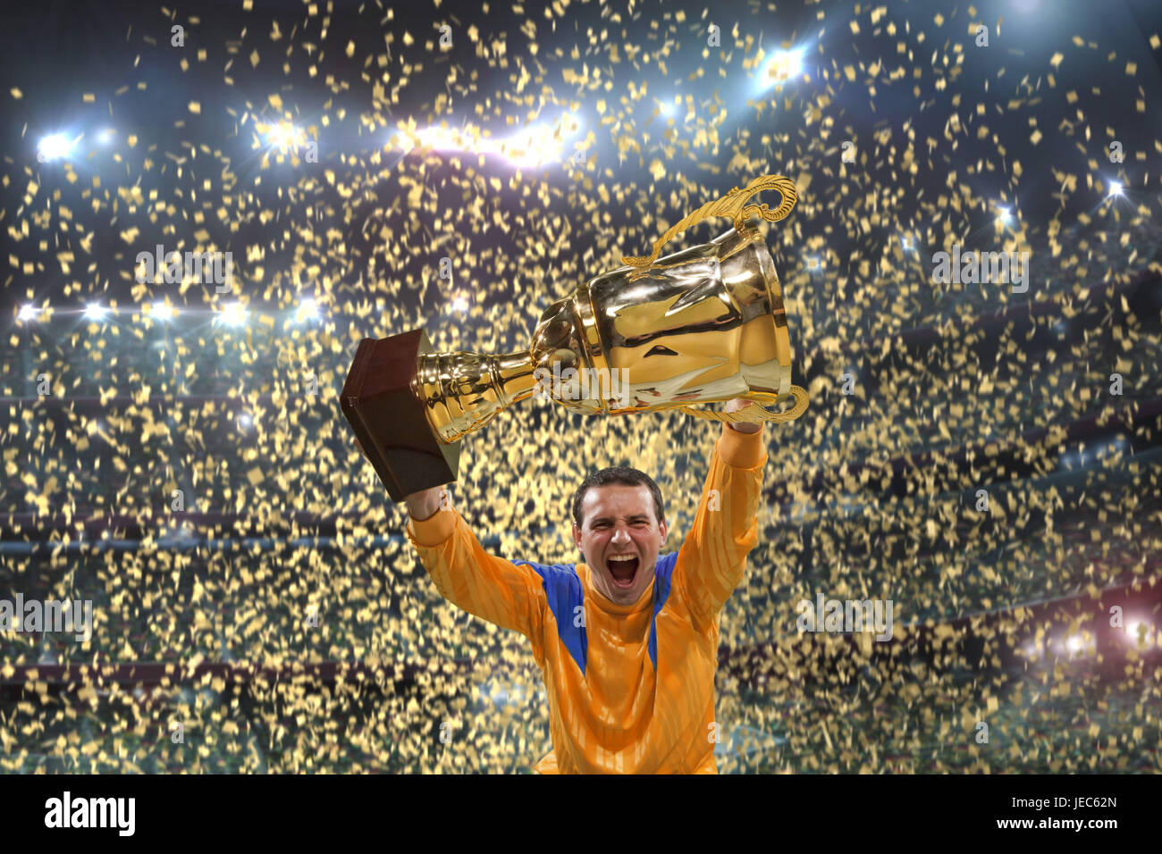 Footballer, winner's cup, winner, football stadium, cheering, confetti, Stock Photo